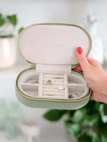 Sage Green Oval Zipped Jewellery Box