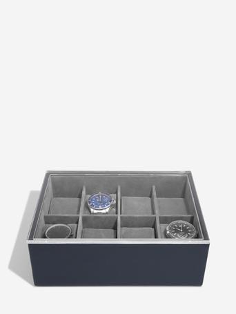 STACKERS PEBBLE NAVY 8 PIECE WATCH BOX WITH ACRYLIC LID