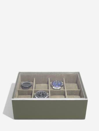STACKERS OLIVE GREEN 8 PIECE WATCH BOX WITH ACRYLIC LID