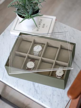 STACKERS OLIVE GREEN 8 PIECE WATCH BOX WITH ACRYLIC LID