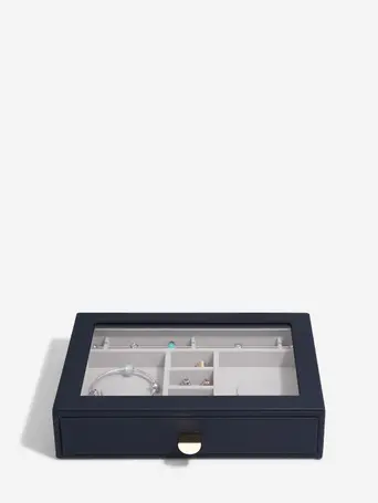 Szkatułka na charmsy Stackers Pebble classic granatowa z szufladą i szklaną pokrywką