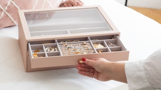 Champagne Rose Gold Metal Glass 3 Drawers Jewelry Box Vintage