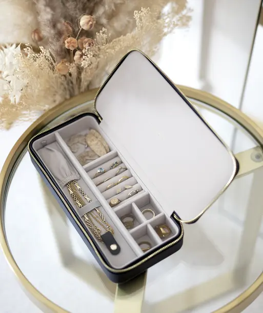 Navy Blue Sleek Necklace Zipped Travel Jewellery Box