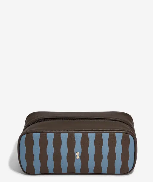 Chocolate and Blue Stripe Expanding Cosmetic Bag