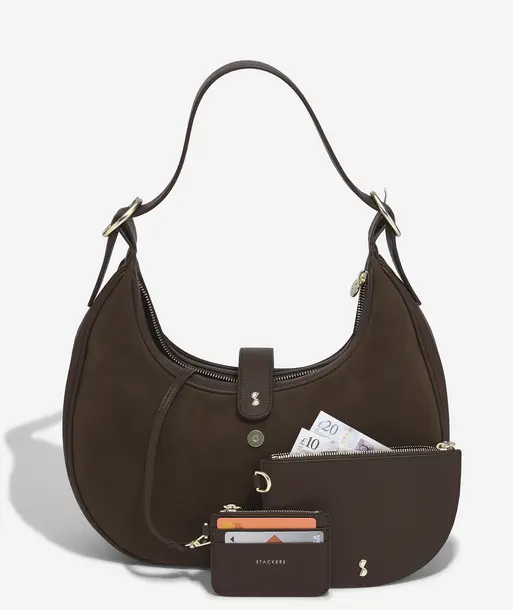 Brown Suedette Half Moon Shoulder Bag