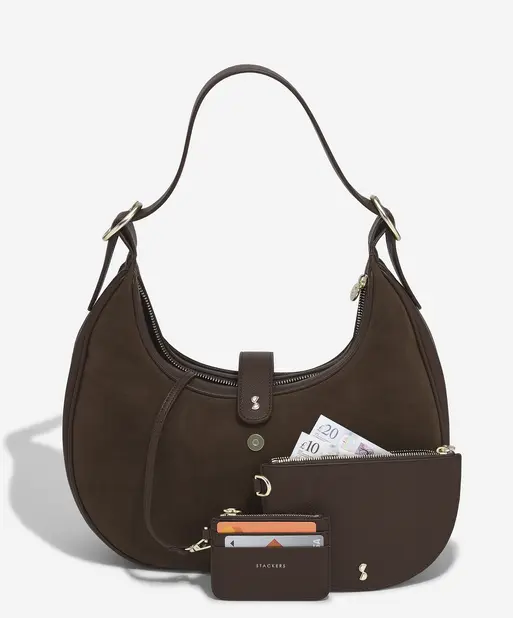 Brown Suedette Half Moon Shoulder Bag