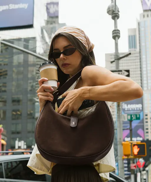 Brown Suedette Half Moon Shoulder Bag