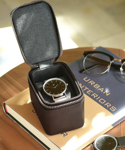 Brown Small Zipped Travel Watch Box