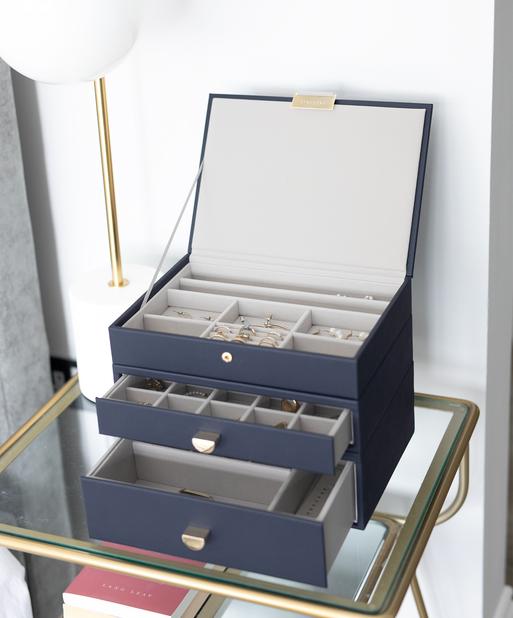 Navy Classic Jewellery Box 2-Drawer Set