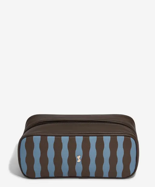 Chocolate and Blue Stripe Expanding Cosmetic Bag