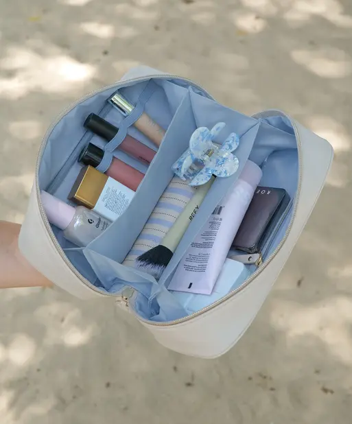 Oatmeal & Blue Expanding Cosmetic Bag