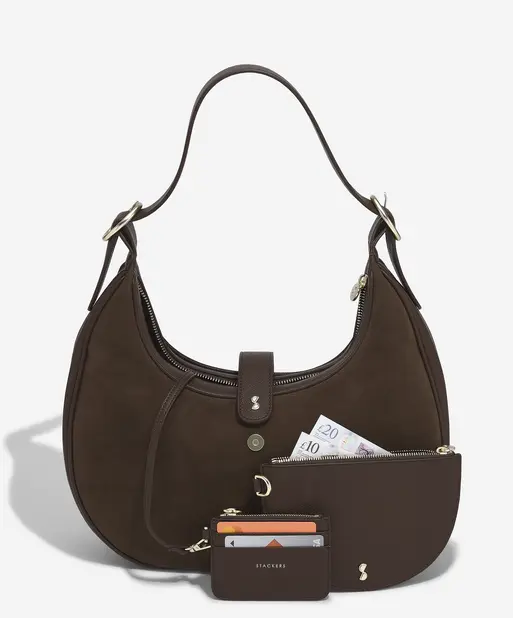 Brown Suedette Half Moon Shoulder Bag