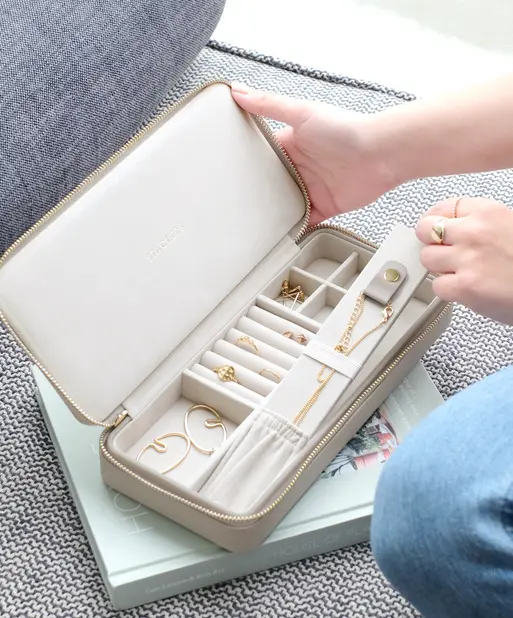 Taupe Sleek Necklace Zipped Jewellery Box
