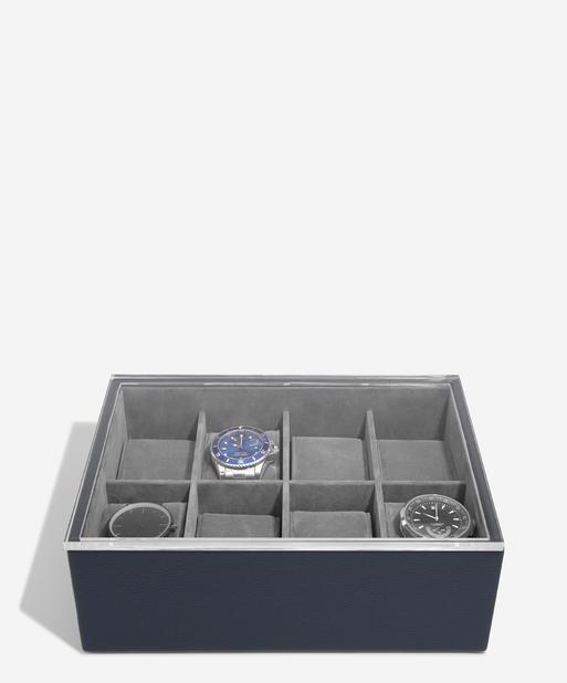 STACKERS PEBBLE NAVY 8 PIECE WATCH BOX WITH ACRYLIC LID