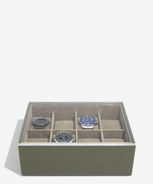 STACKERS OLIVE GREEN 8 PIECE WATCH BOX WITH ACRYLIC LID