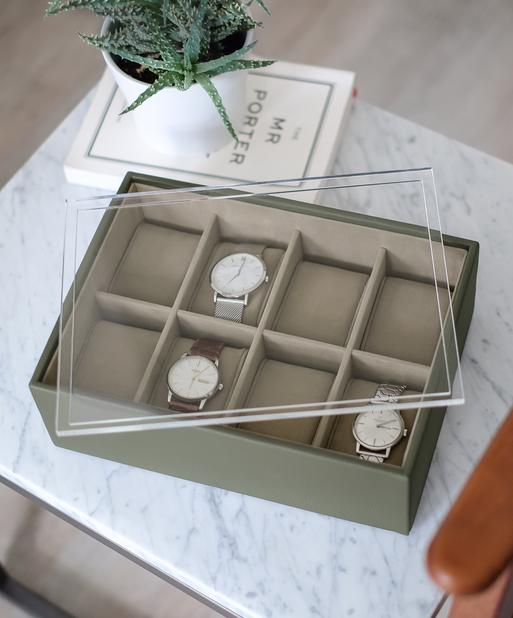 STACKERS OLIVE GREEN 8 PIECE WATCH BOX WITH ACRYLIC LID