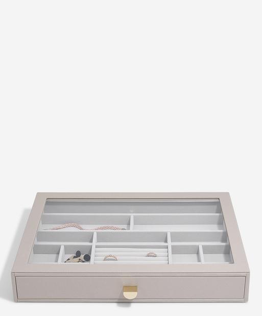 Szkatułka na biżuterię Stackers 16 komorowa supersize taupe z szufladą i szklaną pokrywką