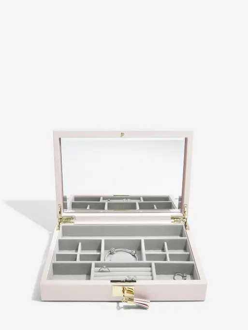 Szkatułka na biżuterię Loves Luxury jasnoróżowa z pokrywką i lusterkiem