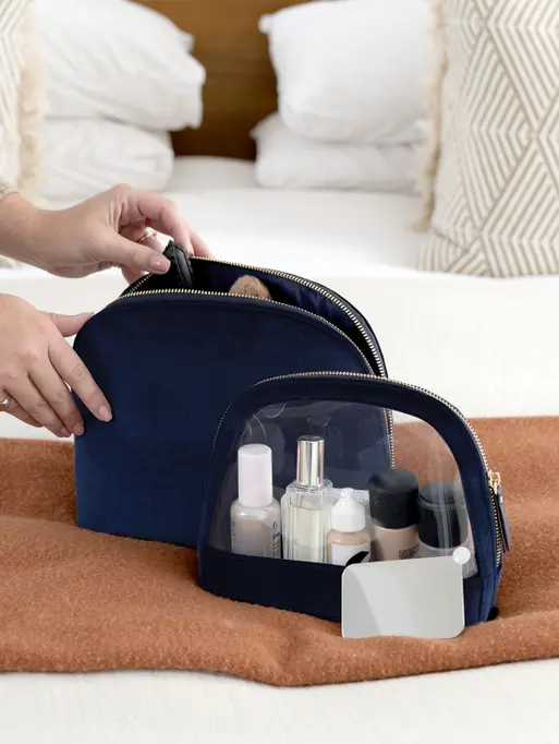 Navy Velvet Nested Cosmetic Bag Set of 2
