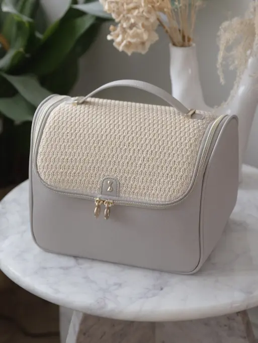 Taupe Raffia Large Cosmetic Case