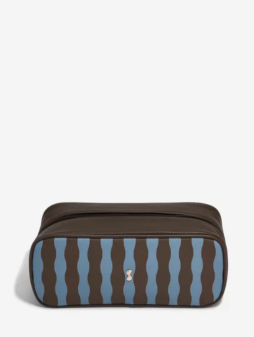 Chocolate and Blue Stripe Expanding Cosmetic Bag