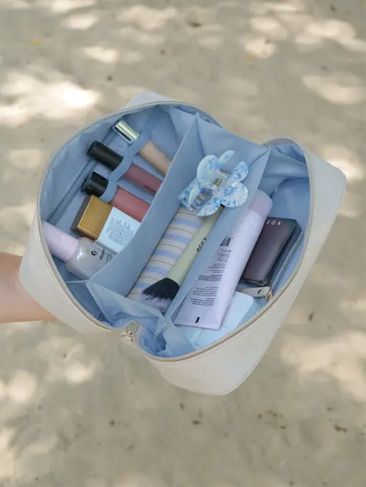 Oatmeal & Blue Expanding Cosmetic Bag