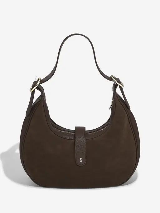 Brown Suedette Half Moon Shoulder Bag