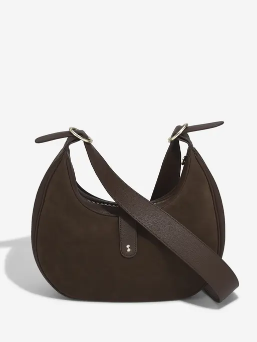 Brown Suedette Half Moon Shoulder Bag