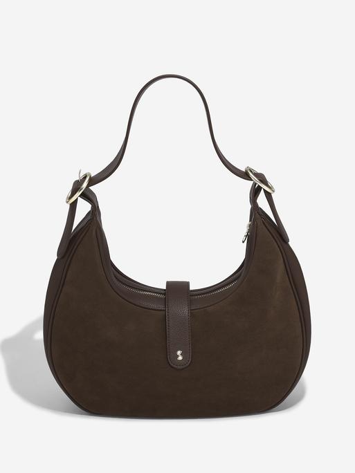 Brown Suedette Half Moon Shoulder Bag