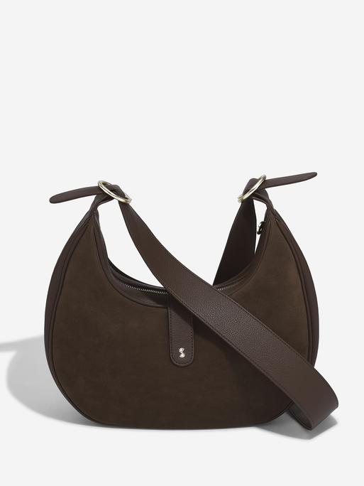 Brown Suedette Half Moon Shoulder Bag