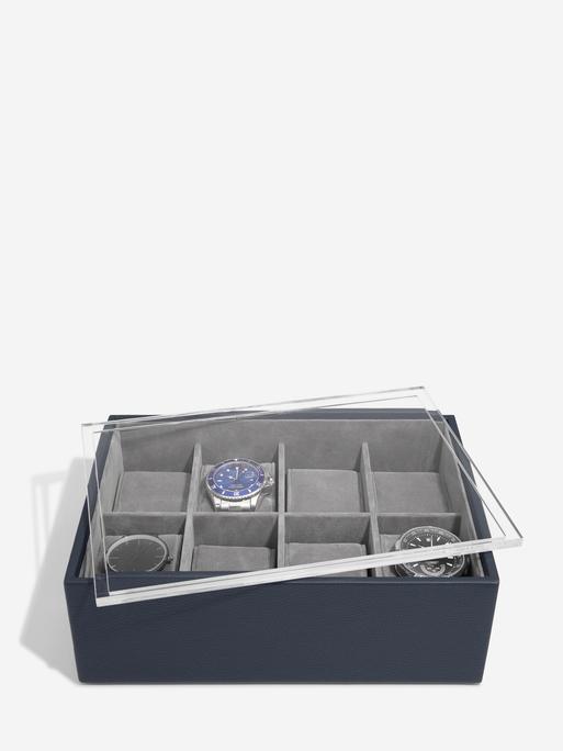 STACKERS PEBBLE NAVY 8 PIECE WATCH BOX WITH ACRYLIC LID