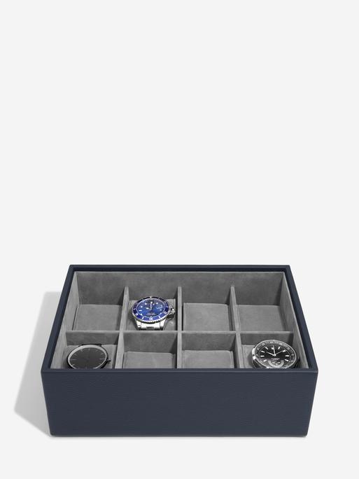 STACKERS PEBBLE NAVY 8 PIECE WATCH BOX WITH ACRYLIC LID