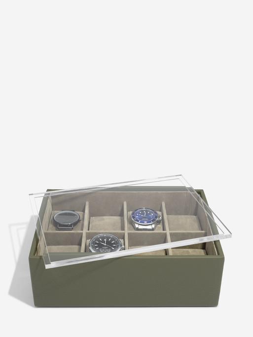 STACKERS OLIVE GREEN 8 PIECE WATCH BOX WITH ACRYLIC LID