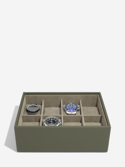 STACKERS OLIVE GREEN 8 PIECE WATCH BOX WITH ACRYLIC LID