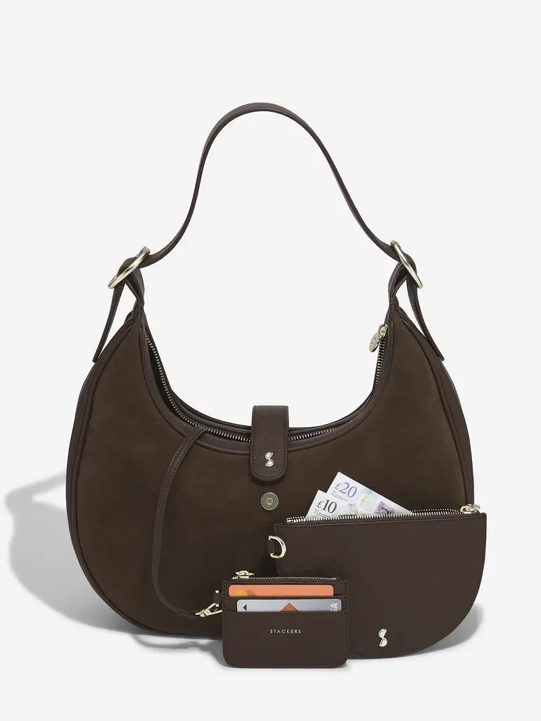 Brown Suedette Half Moon Shoulder Bag