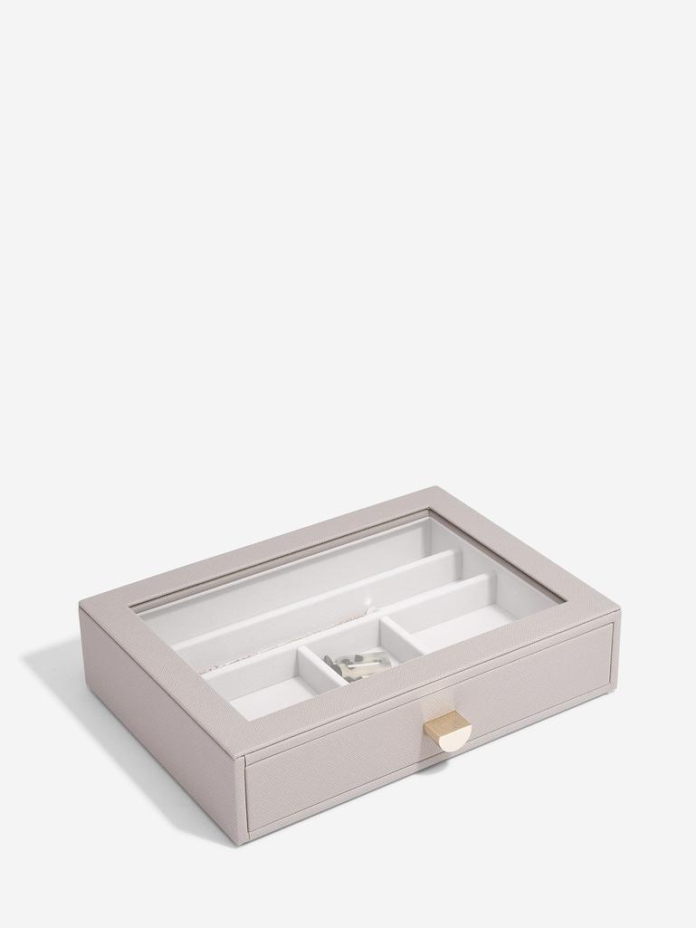 Szkatułka na biżuterię Stackers 6 komorowa classic taupe z szufladą i szklaną pokrywką