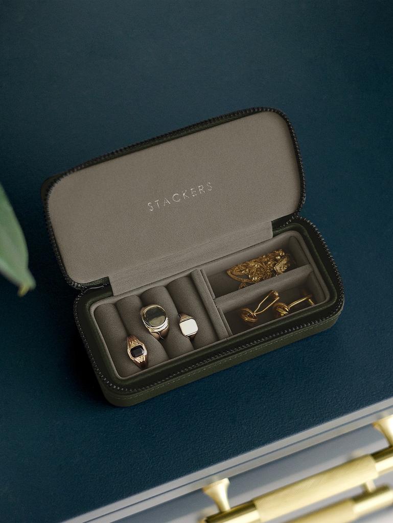 Olive Green Medium Zipped Travel Jewellery Box - Men's