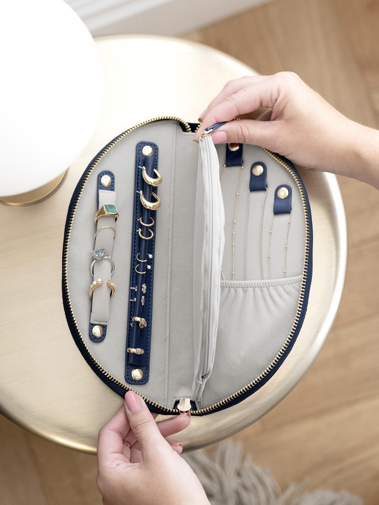 Navy Velvet Crescent Jewellery Roll