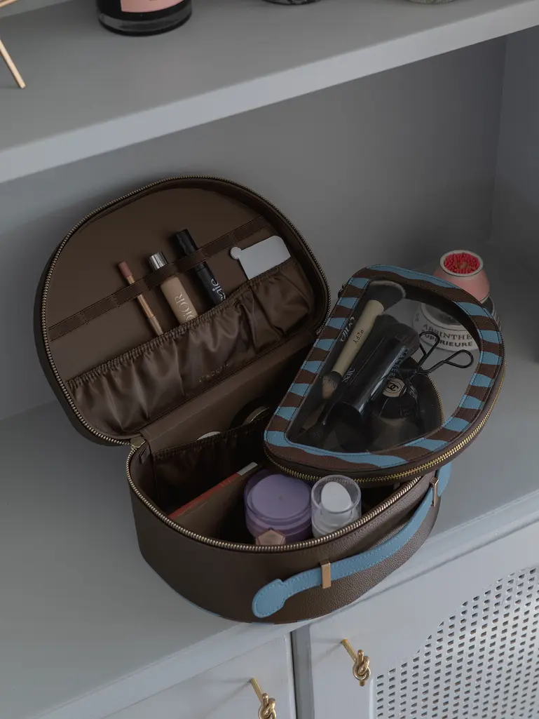 Chocolate and Blue Stripe Vanity Case