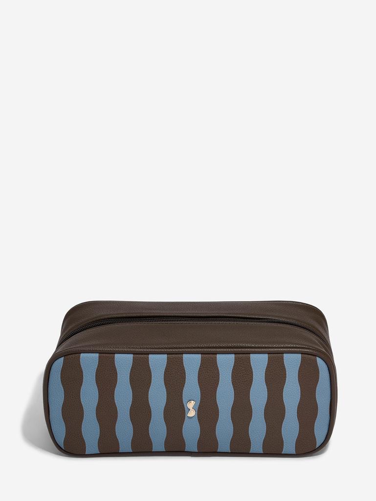 Chocolate and Blue Stripe Expanding Cosmetic Bag