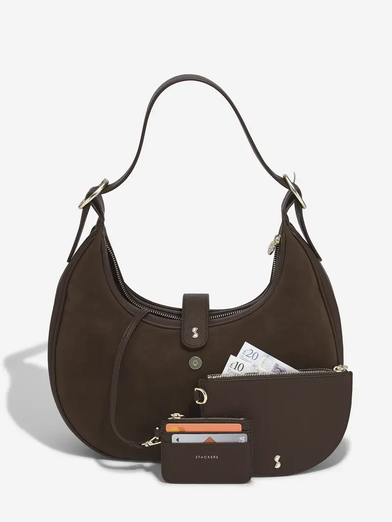 Brown Suedette Half Moon Shoulder Bag