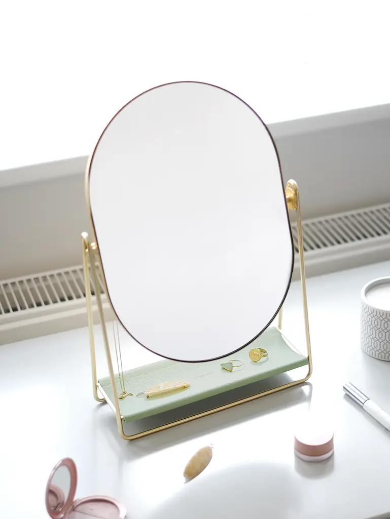 Sage Green & Gold Dressing Table Mirror & Jewellery Stand