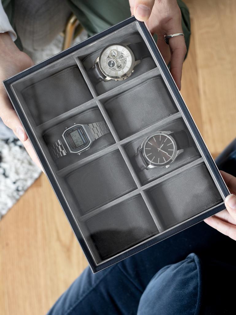 STACKERS PEBBLE NAVY 8 PIECE WATCH BOX WITH ACRYLIC LID