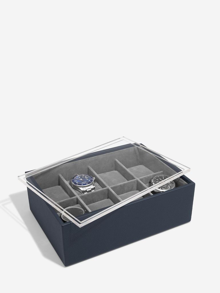 STACKERS PEBBLE NAVY 8 PIECE WATCH BOX WITH ACRYLIC LID
