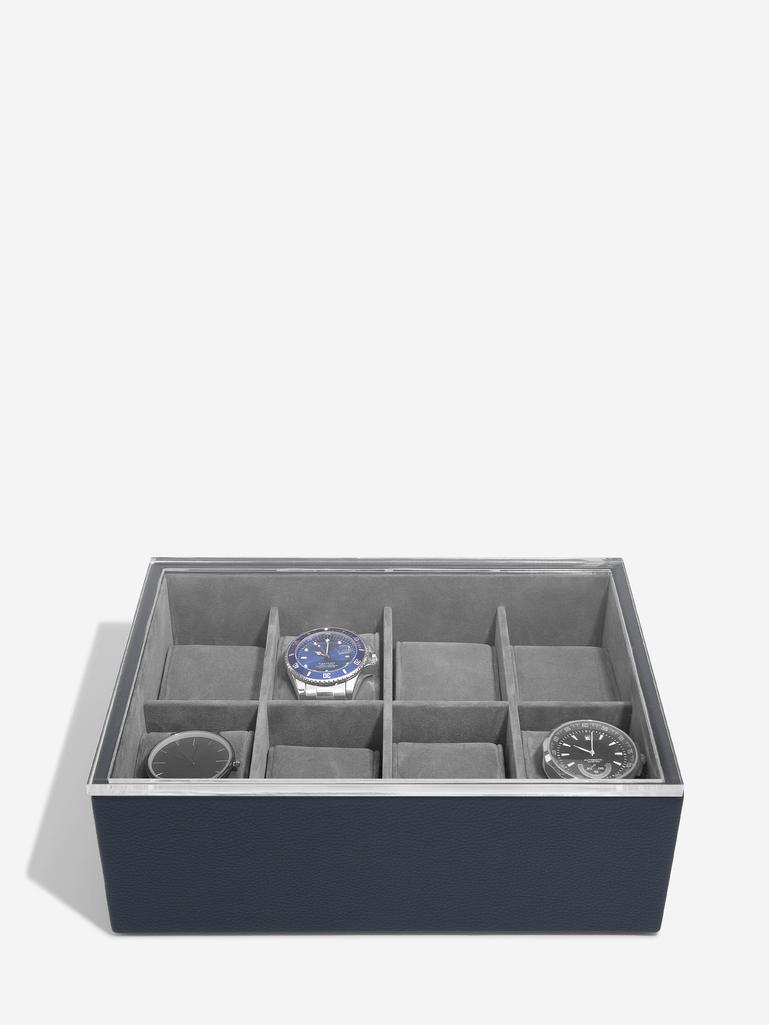 STACKERS PEBBLE NAVY 8 PIECE WATCH BOX WITH ACRYLIC LID