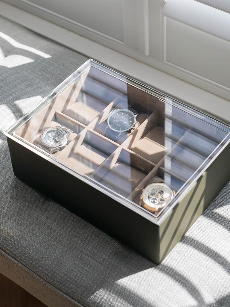 STACKERS OLIVE GREEN 8 PIECE WATCH BOX WITH ACRYLIC LID