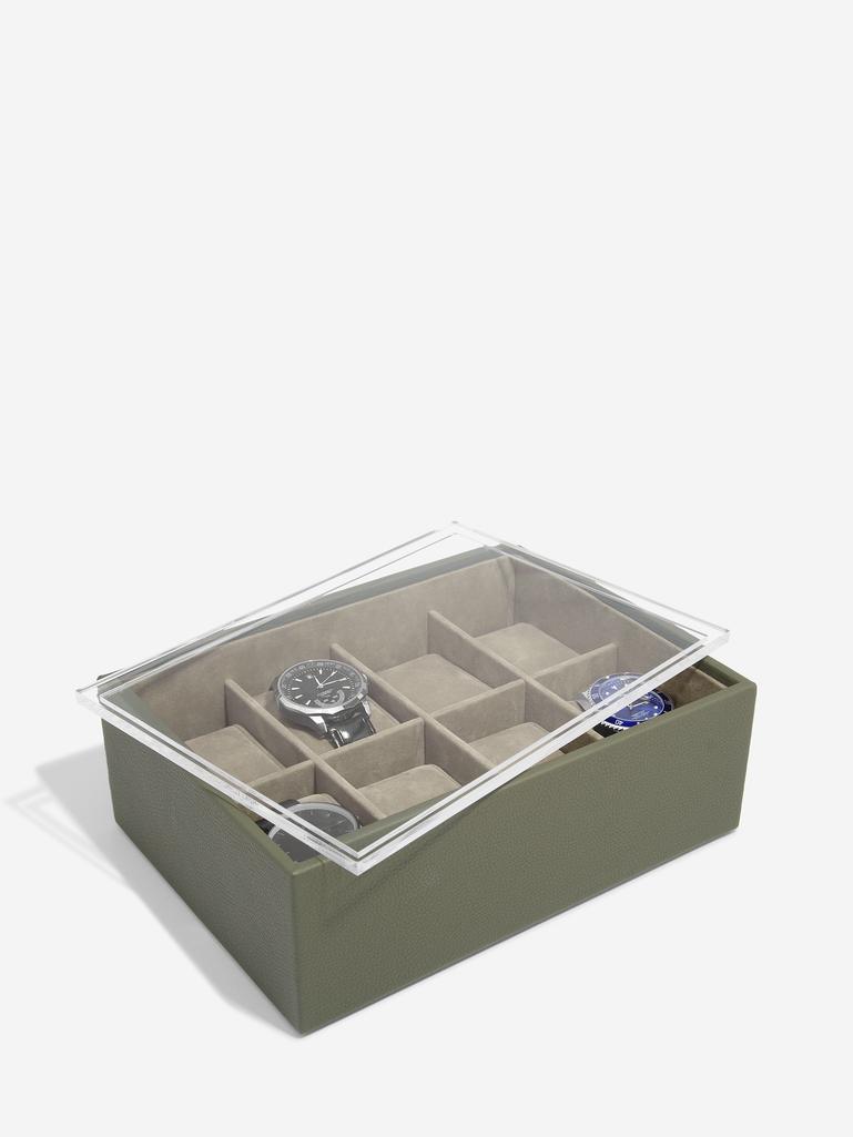 STACKERS OLIVE GREEN 8 PIECE WATCH BOX WITH ACRYLIC LID