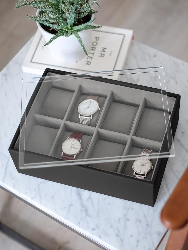 Black Pebble 8 Piece Watch Box & Acrylic Lid