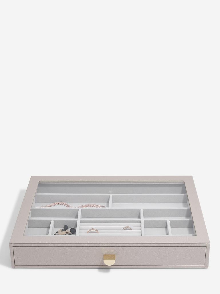 Szkatułka na biżuterię Stackers 16 komorowa supersize taupe z szufladą i szklaną pokrywką